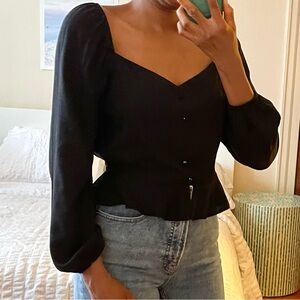 Long Sleeve Black Sweetheart Square Neckline Blouse